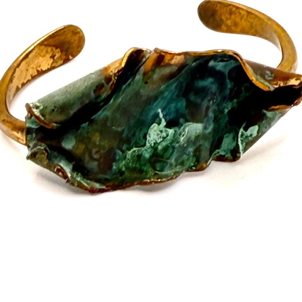 Vintage 70s Brutalist Artisanal Copper Verdigris Patina Sculptural Cuff Bracelet - Picture 2 of 6